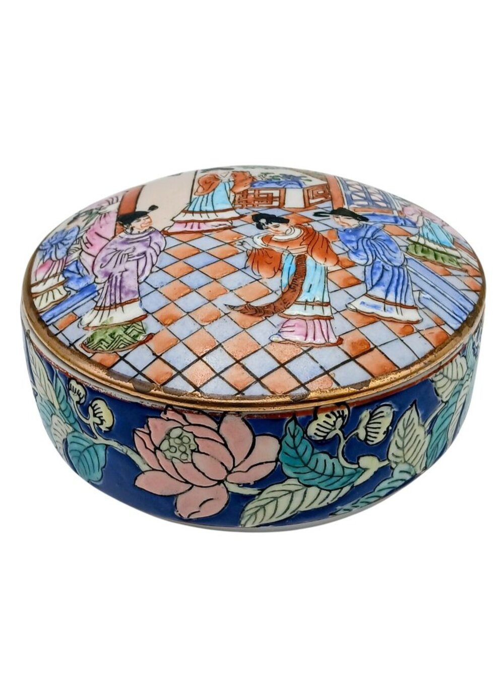 Vintage Famille Rose Porcelain Lidded Trinket Box Chinese Floral Round